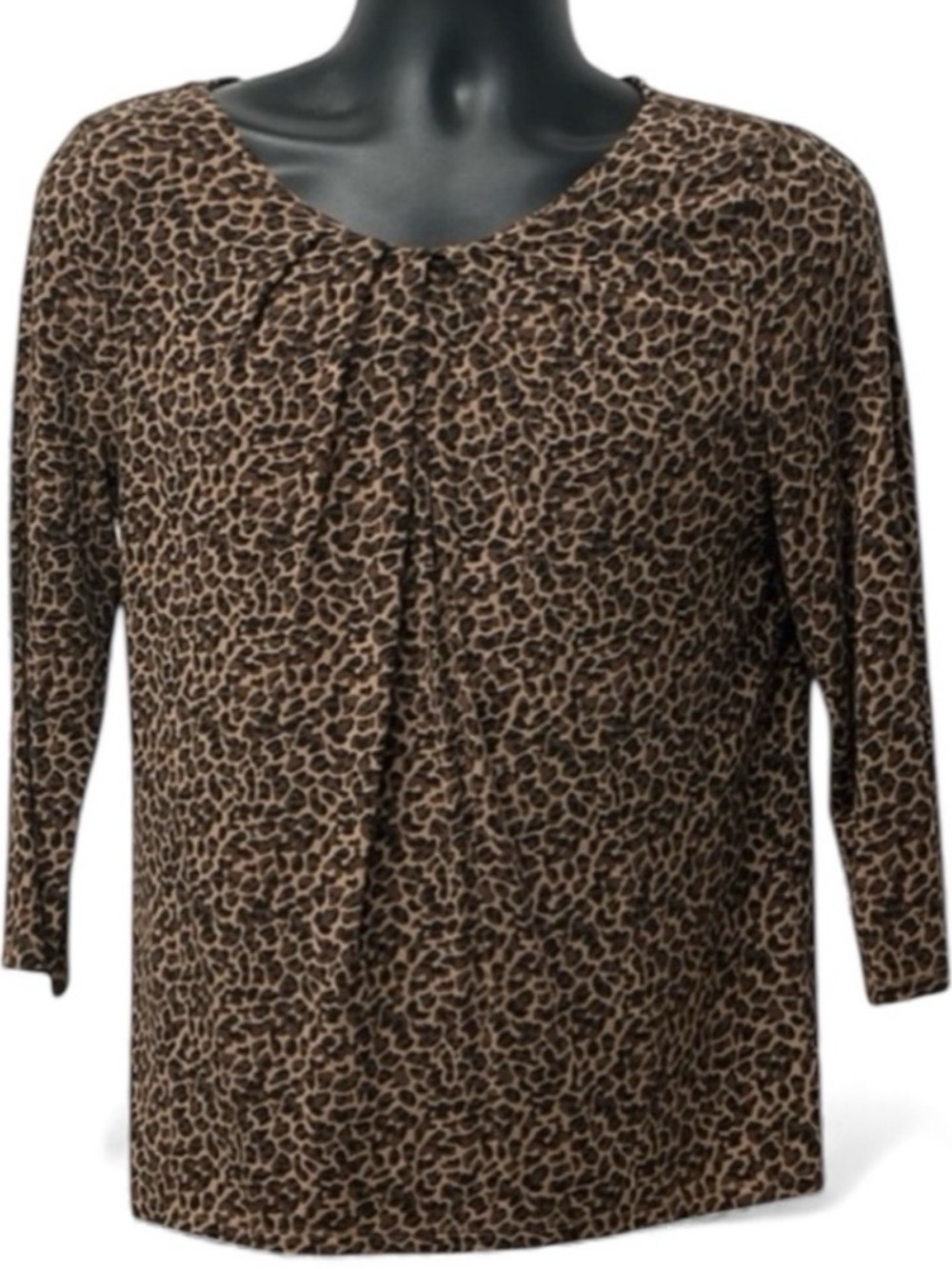 Talbots Leopard Print Top Medium Brown Black Ruched 3/4 Sleeve Blouse